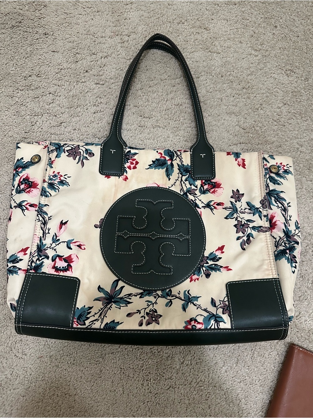 Tory Burch Cream Floral Canvas Tote with Black Trim